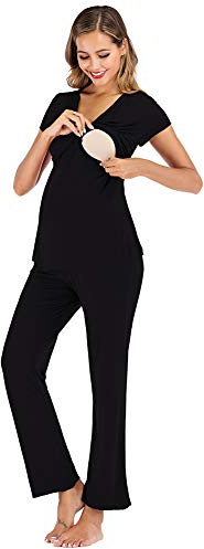 rismart Dam moderskap och amning pyjamas set kortärmad gravid sjukhus nattkläder t-shirt topp med byxa, Svart, XXL