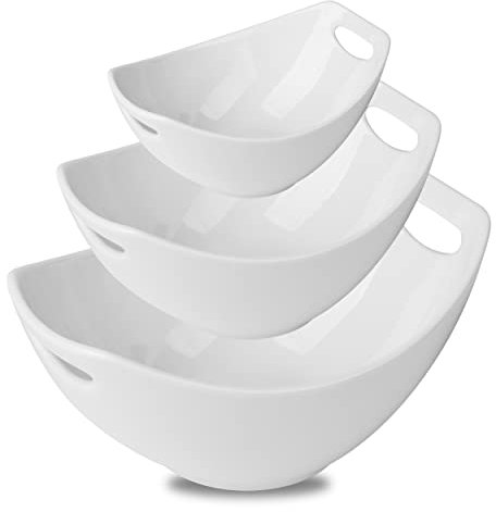 Gomakren Serving Bowls with Handles, Serving Dishes, Porcelain Salad Bowls Mixing Bowl for Entertaining, Nesting Bowl Set of 3, Microwave Dishwasher Safe, 15/28/47 oz, White
