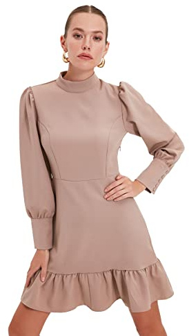 Trendyol Abito da Donna con Scollo Alto con Orlo a Volant Regolare Vestito, Visone, 74