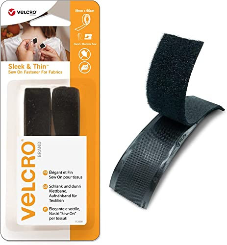VELCRO Brand Sleek & Thin Sew on Fastener for Fabrics Strong Hook & Loop Self Adhesive Fastener Perfect for Crafting, Clothing Repairs & Hemming, Black, 19mm x 90cm