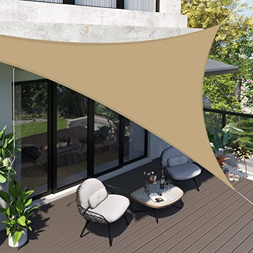 Teynewer Sun Shade Sail Waterproof for Patio Party Backyard Lawn Garden Outdoor Sunscreen Awning 5 x 5 x 5m Triangle Canopy PES Polyester 95% UV Block Shade Cover With Free Wind Rope, Sand