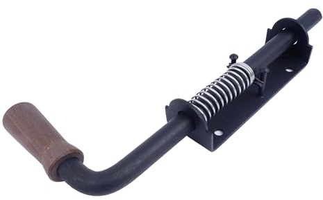 BAUSTER® Riegel mit Holzgriff 220 mm – Federbolzen mit Rückholfeder – robuster Türriegel aus Stahl für Zaun, Stall, Werkstatt, Gartentor – wetterfest & manuell