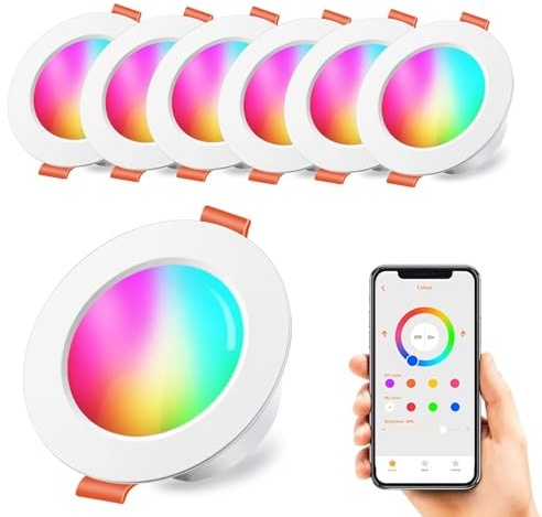 HEKEE Einbaustrahler LED RGB 10W (entspricht 100W), LED Farbig Deckenspots mit Bluetooth App 4 Zoll/Φ 110 mm, IP44 Warmweiß 2700K Rund Einbauspots（6er-Pack）