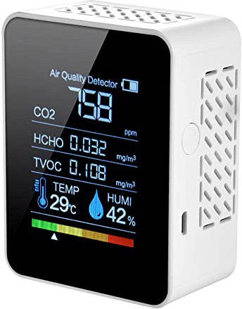 Carbon Dioxide Detector, Bekasa 5-in-1 Air Quality Detector Indoor CO2 Meter Digital TVOC HCHO Monitor Temperature Humidity Sensor Tester Colourful Backlight Display for Home Office Gym (White)