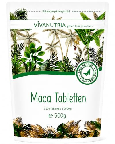 VivaNutria Maca Tabletten, 500g, gelbe Maca-Wurzel aus Peru, Maca Presslinge, 2500 Stück á 200mg, Maca Pulver, hochdosiert, Rohkostqualität, 100% rein, vegan