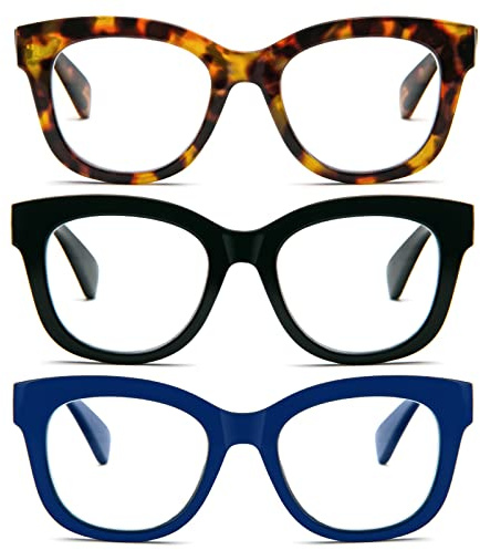 MMOWW Gafas de lectura de gran tamaño, paquete de 3 para mujer, bloqueo de luz azul con bisagra de resorte, lectores de computadora, damas (negro + azul + carey marrón, +2.5)
