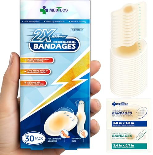 Medtecs Hydrocolloid Gel Bandage, Ellipse 20ct + Strip 10ct, Long-Lasting,Waterproof Adhesive for First Aid,Advanced Cushion for Blister Prevention & Wound Care,2X Fast Healing for Heel,Fingers & Toes