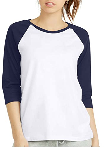 T-Shirt de Baseball à Manches 3/4 pour Femme – Chemises Raglan en Jersey, Blanc/Bleu Marine, Taille S
