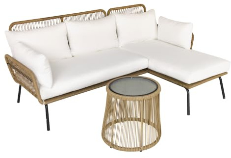 Outsunny 3 TLG. Rattan Gartenmöbel-Set, Sitzgruppe mit Kissen, Kaffee | Gartengarnitur, 1 Beistelltisch, 1 Liegestuhl, 1 Doppelsofa, Sitzgarnitur für Garten, Terrasse, Stahl
