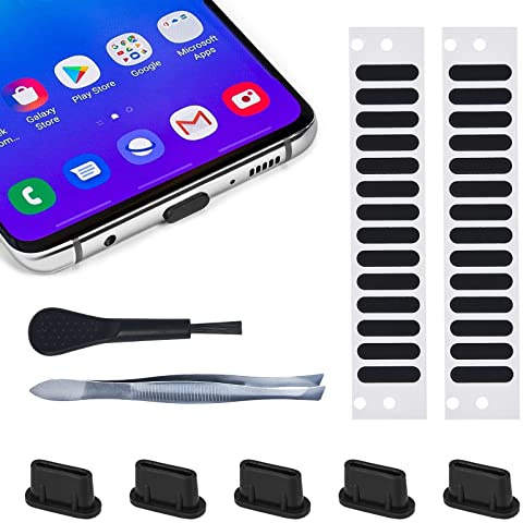 5PCS USB C Dust Plug & 28x Phone Speaker Mesh Dustproof Net Adhesive Stickers for iPhone 17 16 15 Pro/Plus/Pro Max, iPhone Air, Samsung Galaxy S23, S22, S21, S20, S10e, Any Type-C Port Anti Dust Kit