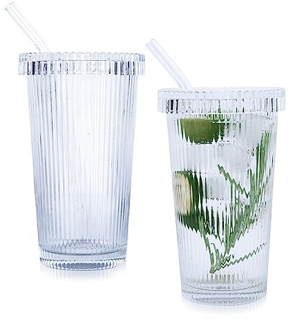 Iceten 2Pcs 375ML Ribbed Clear Glass Cups, Cold Coffee Cup with Lids and Straws Drinking Glassware Tumblers Set Ribbed Drinking Glasses Smoothie Cup Water Glass As Presents