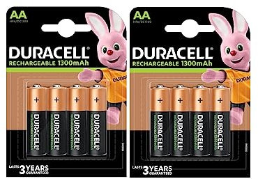 8X Duracell AA Rechargeable 1300 mAh (2 Blister Packs of 4 Batteries) 8 Rechargeable Stylus Batteries (HR6/DC1500)