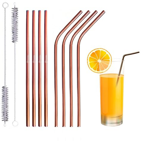 Set of 10 Metal Straws Drinking (4 Straight + 4 Bent + 2 Cleaners), 8.5” Eco-Friendly Reusable Straws | Stainless Steel Drinking Straw for Tumbler, Cocktail with Travel case (Rose Gold)