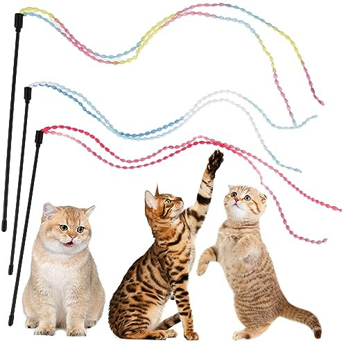 Amaxiu Katzen Regenbogen Zauberstab Spielzeug, 3 Stück, interaktives Katzen Teaser Zauberstab Schnur Spielzeug für den Innenbereich Farbverlauf Band Charmeur für Kätzchen Übungsleiter(Stil A)
