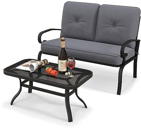 GIANTEX 2-teiliges Sofa- und Tischset für den Außenbereich, Kaffeetisch und Terassenbank mit Kissen, modernes Bistromöbel-Set aus Metall für Garten, Hinterhof & Pool, Grau