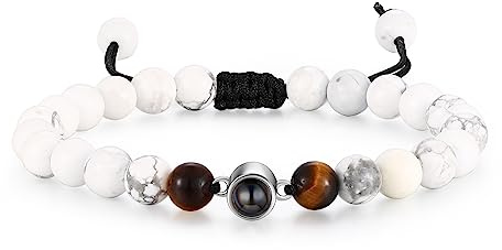 Lam Hub Fong Personalisiertes Foto Projektions Armband mit perlen Benutzerdefinierte Armband mit Bild Geschenk für Männer Familie (Weiß+Braun)