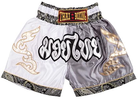 MUAY NATION Pantalones Cortos de Muay Thai para Niños (2 Años - 12 Años) Niñas Niños Pantalones de Boxeo para Kickboxing MMA Artes Marciales (FR/ES, Edad, 6 años, 8 años, Regular, Blanco/Gris)