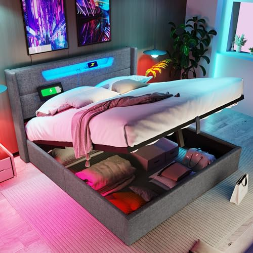 Kehun Polsterbett Doppelbett 160x200 cm mit LED-Kopfteil and USB-C, Stauraumbett mit Stauraum and Lattenrost aus Holz, Bett Bettgestell mit Hydraulisches Metallrahmen, Leinen, Grau, Ohne Matratze