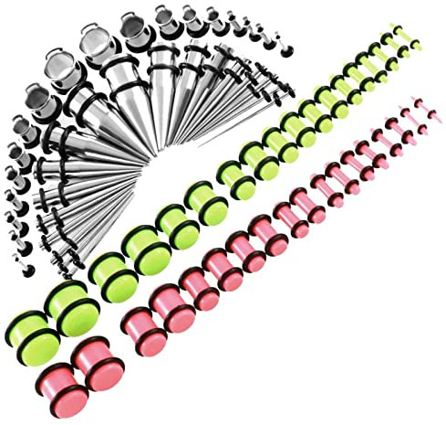 KnBoB 72 Stk Ohr Tunnel Damen 1.6-10MM Edelstahl Grün Rosa Stretching Kit Flesh Tunnel Piercing Expander Herren
