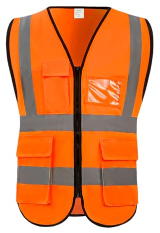 Lehueos High Visibility Safety Vest with Pockets, 1, Orange-Red, Medium