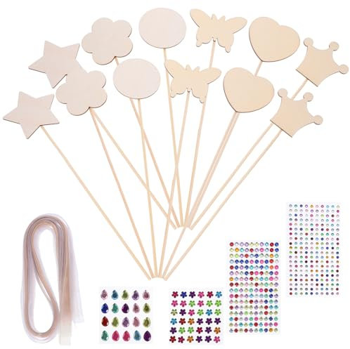 HOODANCOS Prinzessin-Feen-Zauberstäbe-Set 1 Satz Unvollendete Krone Herz Holzstäbchen Edelstein-Aufkleber Band Prinzessin-Zauberstäbe Für Ostern Diy-Kunsthandwerk Herstellung Von