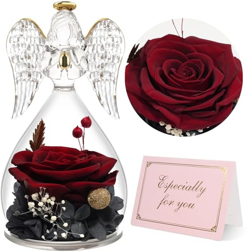 Yamonic Ewige Rose Engel Geschenke für Frauen,Ewige Rose im Glas Geburtstagsgeschenk für Frauen, Engel Figur Geschenke für Mama,Schutzengel Geschenk Weihnachten, Oma Geschenk, Muttertagsgeschenke