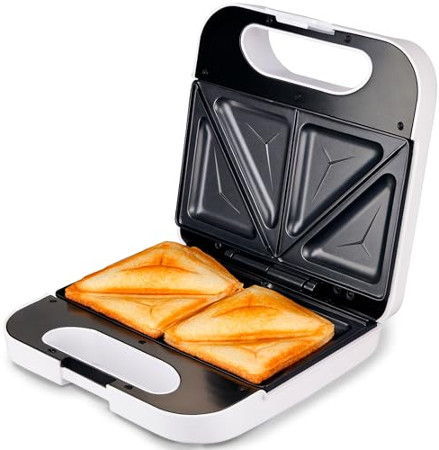 Grunkel - Sandwichera con Grill para 2 sandwiches con corte. Superficie antideslizante y antiadherente de 750W de potencia y tacto frío (Corte Cuadrado Blanca)