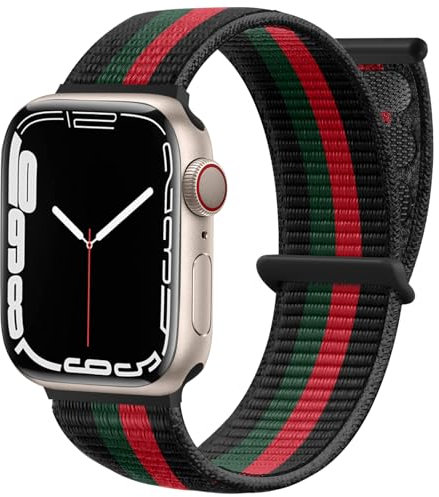 Maledan Nylon Armband Kompatibel mit Apple Watch Armband 44mm 45mm 46mm 49mm 42mm(Series 3/2/1), Sportband Kompatibel mit iWatch Series 11 10 9 8 7 6 5 4 3 2 1 SE Ultra, Schwarz/Rot/Dunkelgrün
