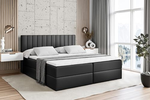 ALTDECOR Boxspringbett mit Matratze und Lattenrost, Boxbett, Topper, Polsterbett mit Bettkasten, Bett mit Stauraum H3-Matratze, Doppelbett, Springboxbett - Edita - 200x200 - Schwarz Kunstleder