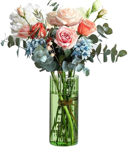 ComSaf Jarrones cilíndricos de 8 pulgadas de alto para centros de mesa, jarrones de brotes acanalados verdes para centros de mesa, decoración de deshierbe, jarrones transparentes de 8 pulgadas de