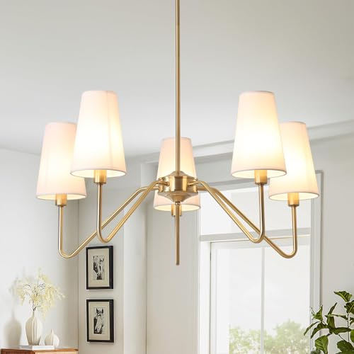 ZenithBeam Or Lustre Salon Moderne,5-Light Suspension Luminaire 76Cm E14 Lampe Avec Un Abat-Jour En Lin Blanc Luminaires IntéRieur Pour Cuisine Chambre Suspendu Sejour Plafond Couloir, 200W