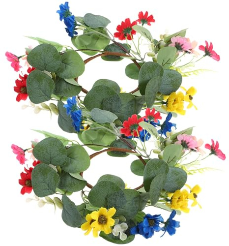 MAGICLULU Kerzenringe aus Robustem Pe Stoff mit Künstlichen Eukalyptusblättern 2 Stück Tischdekoration and Kleinen Gänseblümchen and Festival Rustikaler Kranz für Hochzeit
