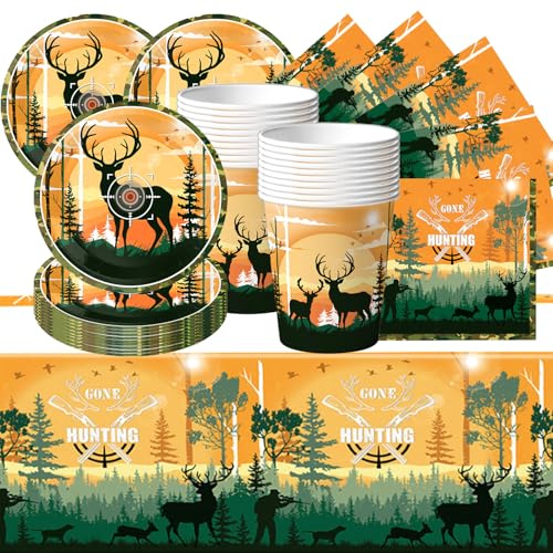 Vaisselle de fête sur le thème de la chasse, avec assiettes, tasses, serviettes, nappes au total, 61 pièces, convient pour une fête de 20 personnes