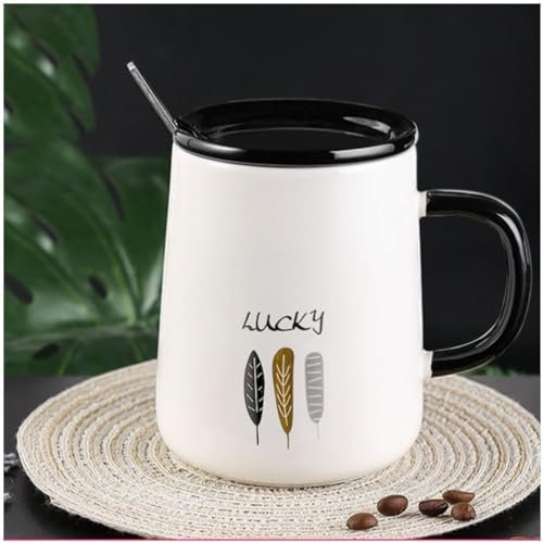 MASHNFDC Kaffeebecher 450 ml Kaffeetasse mit Löffel, runde Keramik-Teetasse, Schlichte weiße Morgentasse mit Henkel Tassen weingläser