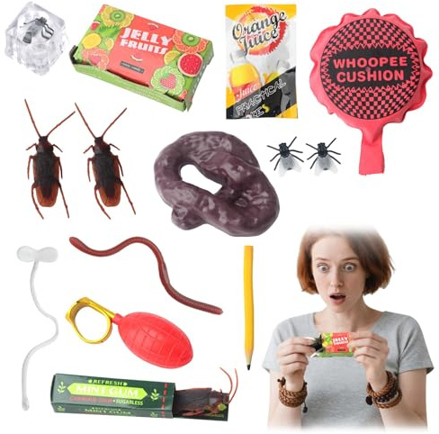 71Nmly 14 PCS Scherzartikel,Streich- und Scherzspielzeug-Set,Prank Set mit Furzkissen und Realistischen Insekten für Erwachsene und Kinder,Prank Kit für Aprilscherz Party,Halloween Party Decoration