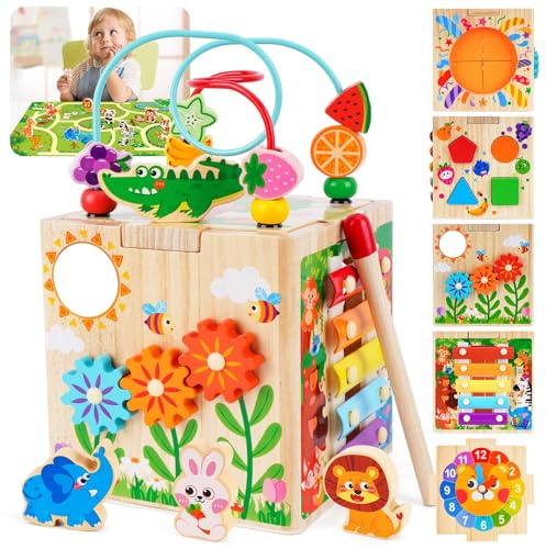 Wooden Activity Cube | Montessori Toys for 1-2 Year Old Toddlers | One Year Old 1st First Birthday Gift | Developmental Toys for 12 Months Baby Boys Girls | Bonus Sorting & Stacking Board (Blue)