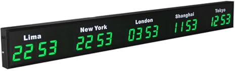 Orologio con Fusi Orari Mondiali, Orologio Digitale con Più Fusi Orari, Orologio Mondiale da 3/4/5 Città, per Aziende Multinazionali Hotel Ufficio,5City-Green