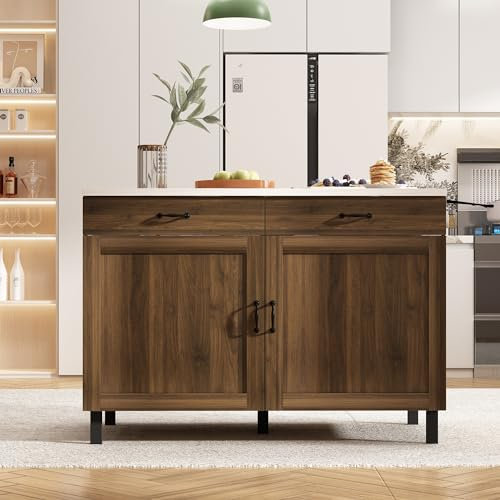 DEZAGCE Isola cucina con piano di lavoro, armadio da cucina a cassetti, tavolo centrale con ante e cassetti, buffet marrone e bianco, 120x60x85 cm, MDF