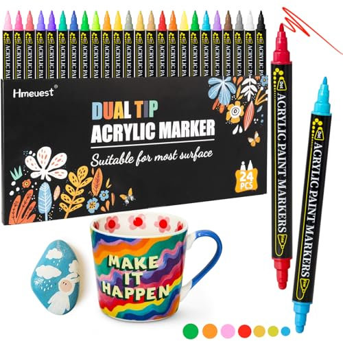 Hmeuest Acrylic Paint Pens with Dual Tip, 24 Colors Acrylic Markers for Rock Painting Glass, Paint Markers for Chrismas Craft, Art Supplies Colouring