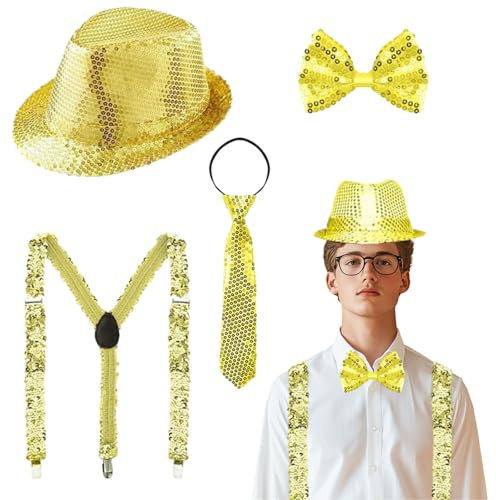 Yi'antai Herren Glitzer Bekleidung,Glitzer Outfit Herren,Glitzer Accessoires Herren,Glitzer Kostüm Herre mit Glitzer Fliege,Pailletten Hosenträger krawatte,Herren Pailletten Zylinder Hut