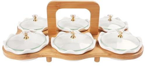 jinsongdafa Ceramic Serving Bowls with lid Portable Bamboo Wooden Tray, 6 Removable Small Bowls Relish Tray Nuts Dishes for Snack, Fruits, Sugar, Candies - for Parties, Party, Gift