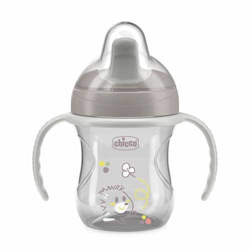 Chicco Training Cup, tasse d'apprentissage en plastique anti-goutte pour un enfant, pour apprendre à boire, bec ergonomique semi-doux, valve et poignées amovibles, 6+ mois, sans BPA, Gris