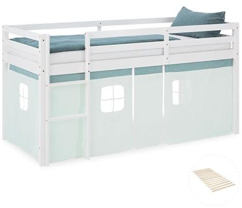 Homestyle4u Kinderbett Hochbett 90x200 cm - Weißes Massivholz mit Vorhang | Stabiles Holzbett aus Kiefer inkl. Lattenrost, Treppe und Sicherung, Spielfunktion für Jungen und Mädchen in Grün.