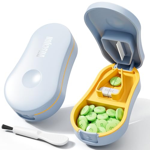 Pill Cutter for Small and Tiny Pills - Pill Splitter with Detachable Silicone Pad - Easy Open Snap Button. Wrap-Around Blade Guard Prevents Cuts. Back Storage (Blue)