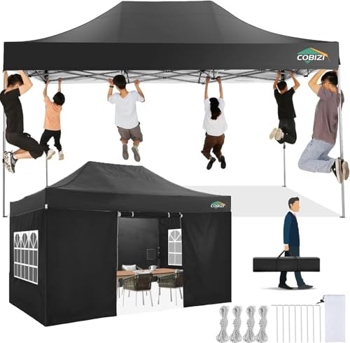 COBIZI Faltpavillon 3x3 m Wasserdicht Stabil Winterfest mit Seitenwand, Pop-up Pavillon Partyzelt, Sonnenschutz Gartenpavillon, Robustes Faltbares Zelt mit Tasche mit Rollen (3 × 3 m, Grau)