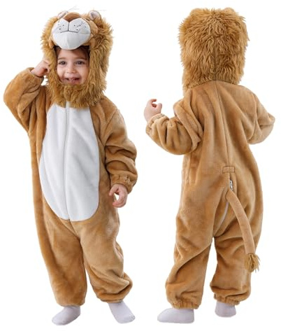 Doladola Babysparkdräkt för pojke och flicka, djurhuva, onesie, småbarn, overall, höst- och vinterkläder(2-3 år,beige lejon)