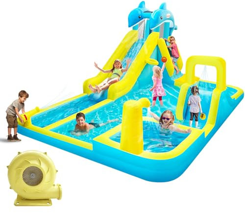 Inflatable Water Slide, Dolphin Bounce House for Kids, Water Bounce Slides, 550W Blower,Climbing Wall,Deep Pool,Water Cannon, for Indoor Outdoor Backyard Party