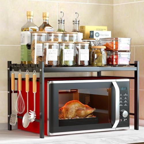 CIRULLI Etagere micro ondes extensible à 2 niveaux, etagere micro onde vertical avec 4 crochets en S,support de cuisine pratique pour plan de travail, organisateur de cuisine, noir