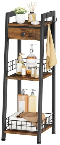 Gewudraw 3-Tier Narrow Ladder Shelf with Drawer, Bathroom Table Stand for Small Space, Narrow Bathroom Standing Shelves with Storage for Living Room Bedroom Kitchen, Organizer Shelf, Rustic Brown