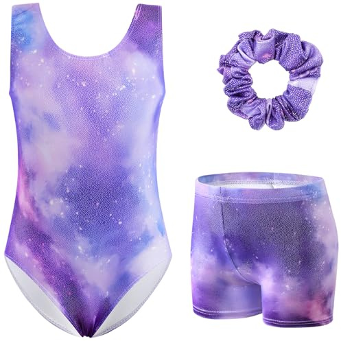 XiaoMoSha Girls Three-Piece Gymnastics Leotards Set Sleeveless Leotards with Shorts and Hairband Sparkly Gradient Color Ballet Dance Unitards Gymnastics Outfits for Kids 3-12 Years